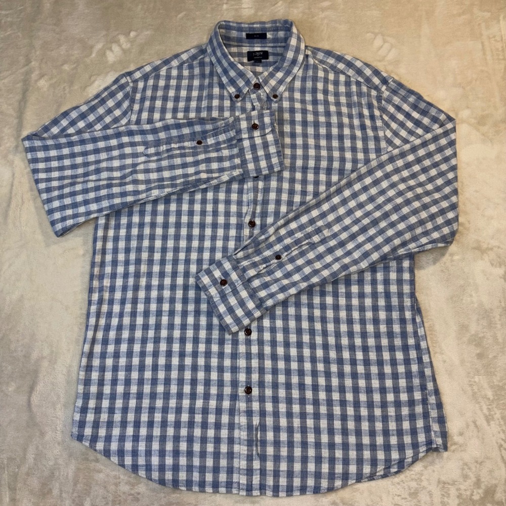 J.Crew Homespun Slim Fit Gingham Button Down Shirt Blue White Mens Large 8198